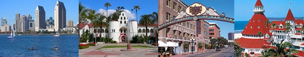 horizontal collage of San Diego: bay, SDSU Hepner Hall, Gas Lamp Street overhang, and Hotel Del Coronado